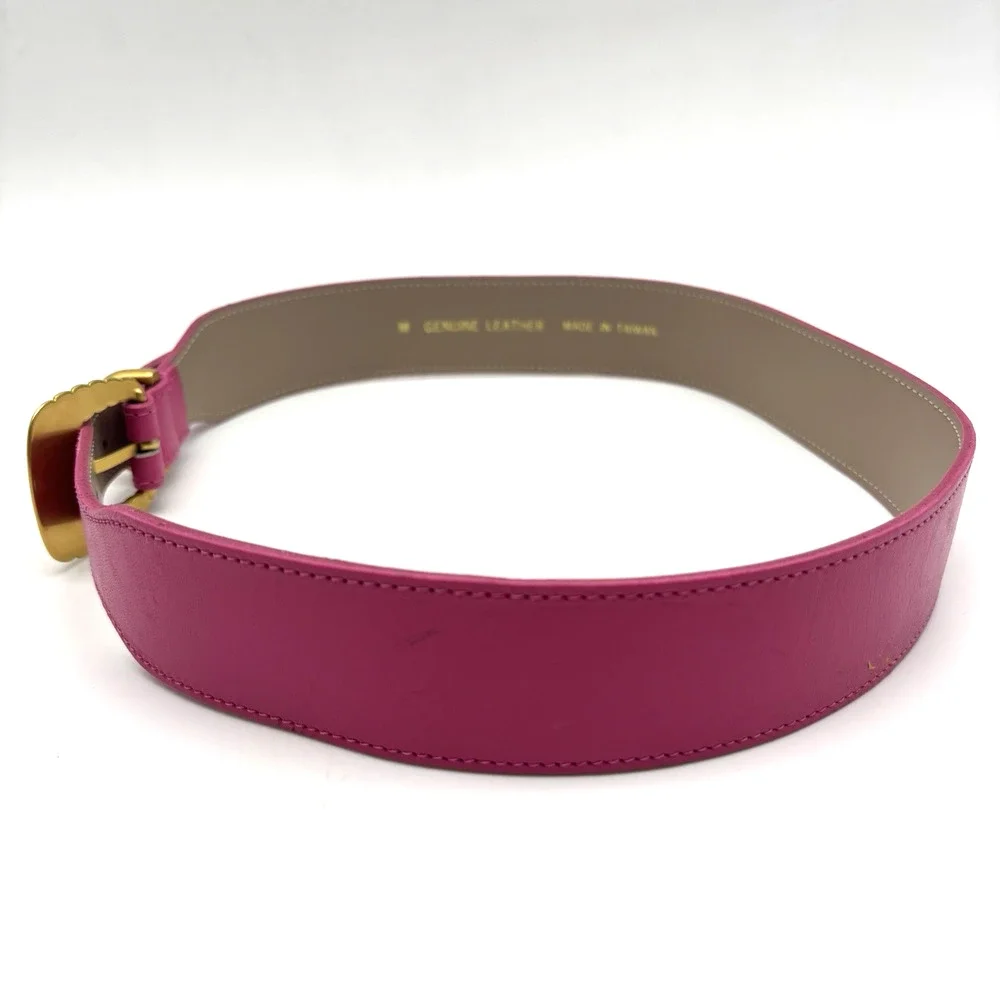 Vintage 80s Hot Pink Genuine Leather Brass Buckle Waist Belt M 26-29